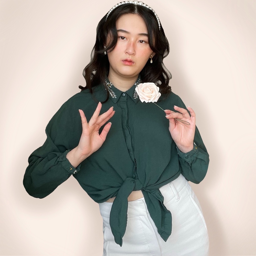Vintage emerald forest green button up